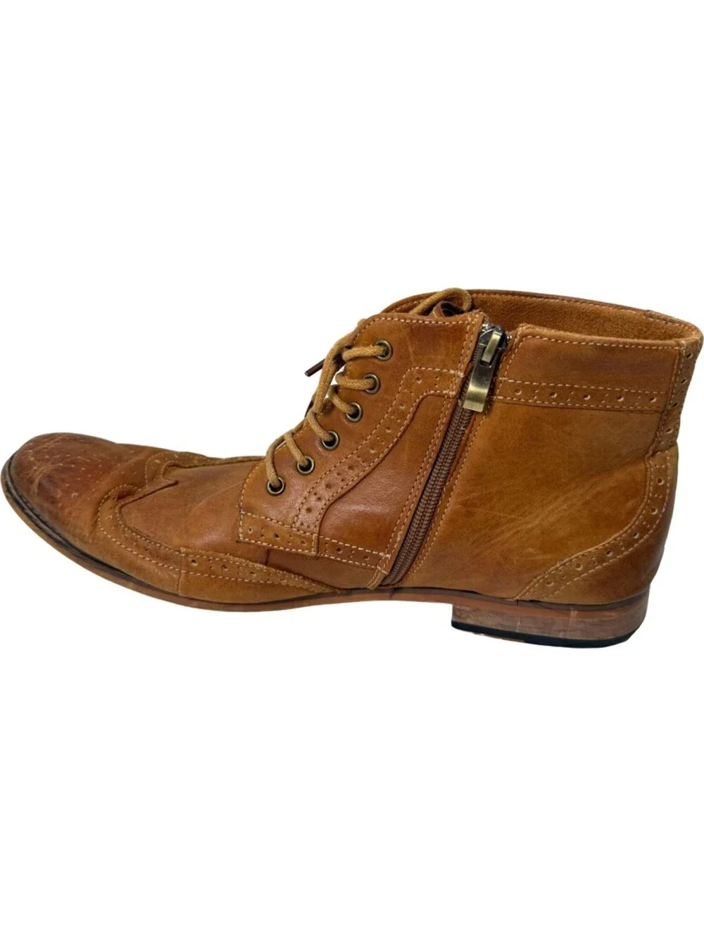 Kunsto Brogue Mens 12 Brown Leather Ankle Zip Boot Cap Toe Wingtip Western Shoe